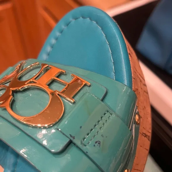 Coach Turquoise Wedge Sandals with Silver Logo - Picture 6 of 6